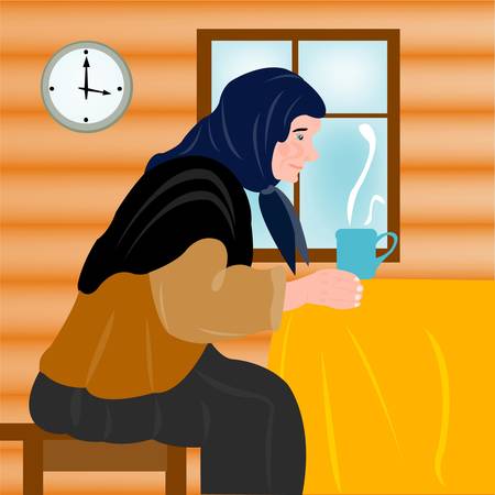 Aging grandmother in house and mug of hot teaのイラスト素材