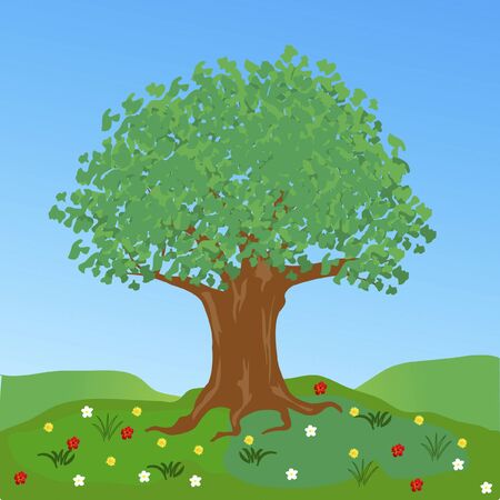 Tree on glade in encirclement flowerのイラスト素材