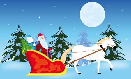 Fairy-tale santa claus goes to sled on whiteのイラスト素材