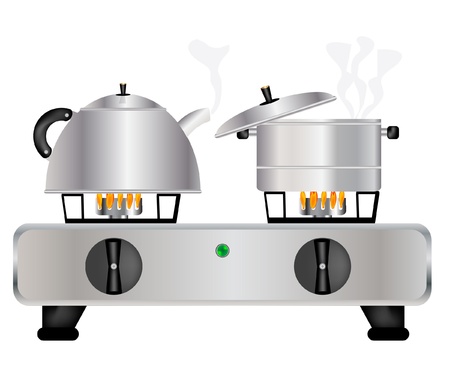 Vector illustration of the teapot and saucepans on gas lashのイラスト素材