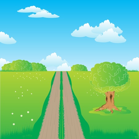 Illustration of the rural road in field with flowerのイラスト素材