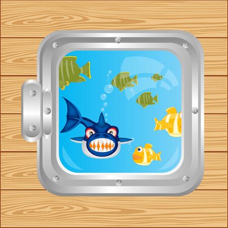 Illustration window and fish sailling in oceanのイラスト素材