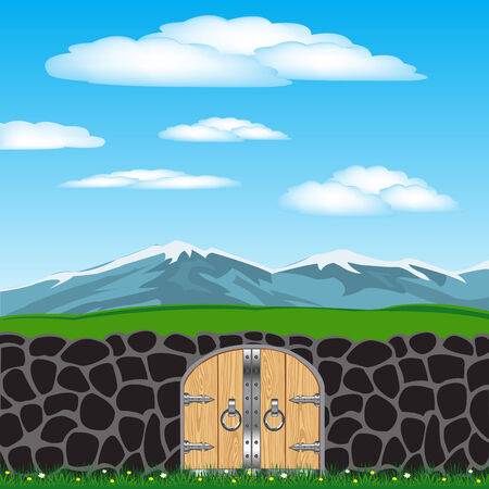 Stone fence with winch on background of the mountainsのイラスト素材