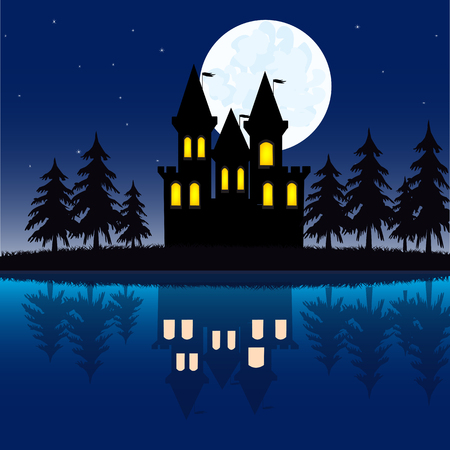 Illustration of the old-time lock ashore lake in the nightのイラスト素材