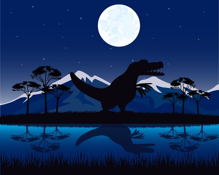 Dinosaurs appears in beautiful landscape at nightのイラスト素材