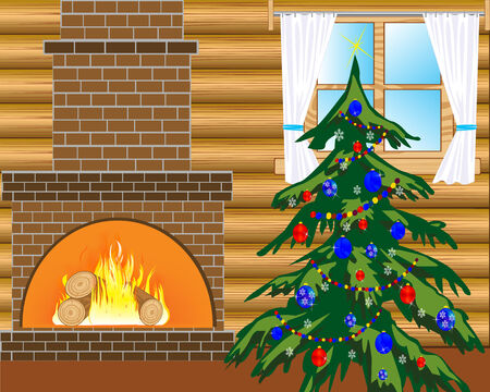 Room with heater and festive fir tree with toyのイラスト素材