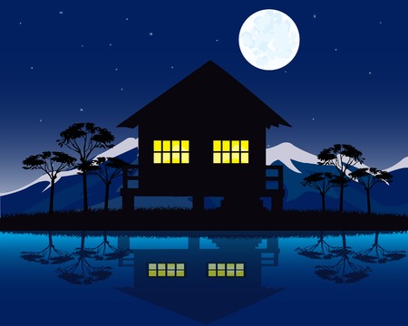 Night landscape with house beside yard.House on natureのイラスト素材