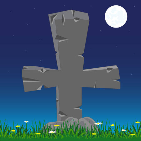 Grave with stone cross moon in the nightのイラスト素材