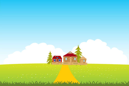 Year landscape with green floor and villageのイラスト素材