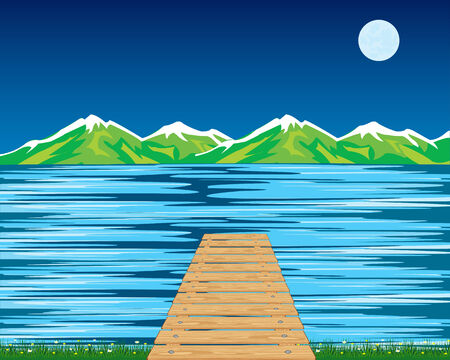Seascape of the quay and from boards on background of the mountainsのイラスト素材