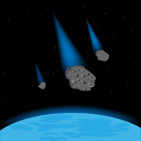 Vector illustration meteorite falling on planet.Meteoritnyy rainのイラスト素材