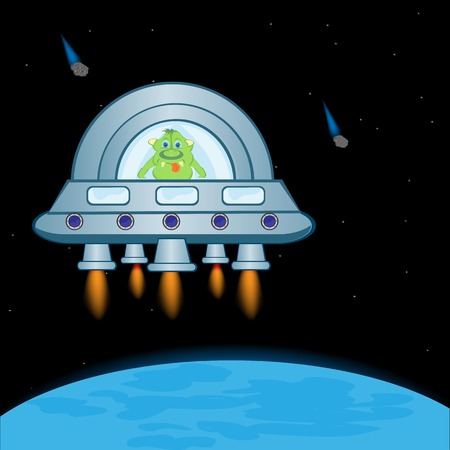 Extraterrestrial spaceship in cosmos beside planets.Vector illustrationのイラスト素材