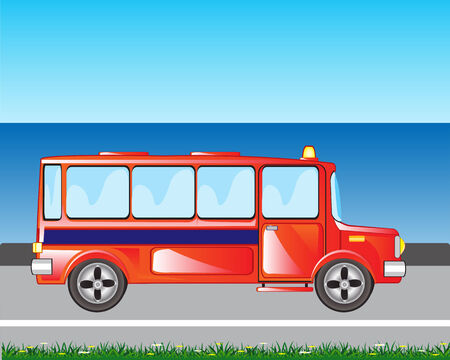 The Red bus goes beside seeshore.Vector illustrationのイラスト素材