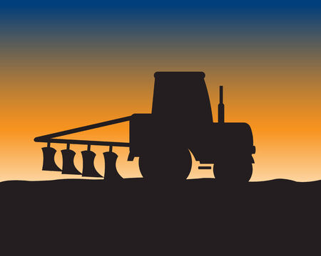 Silhouette of the tractor with plow on background of the fieldのイラスト素材