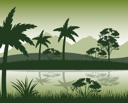 The Tropical landscape with palm and river.Vector illustrationのイラスト素材