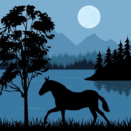 The Horse grazes ashore timber lake.Vector illustrationのイラスト素材