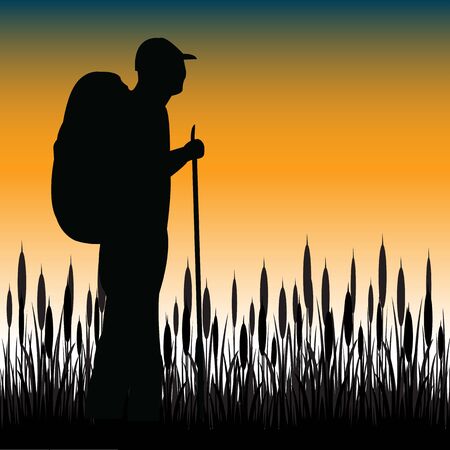 The Silhouette of the tourist with rucksack in herb.Vector illustrationのイラスト素材