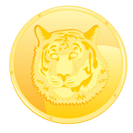 Gold coin with scene of the head of the tigerのイラスト素材