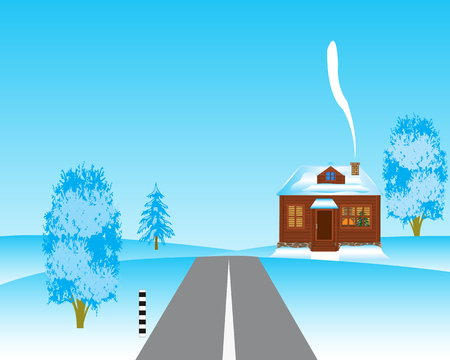 Vector illustration of the winter landscape with house and roadsのイラスト素材