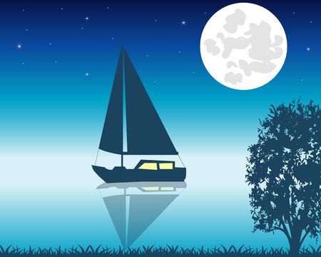 Night sea view, sail boat in the moonlightのイラスト素材