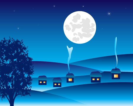 winter landscape to villages moon in the nightのイラスト素材