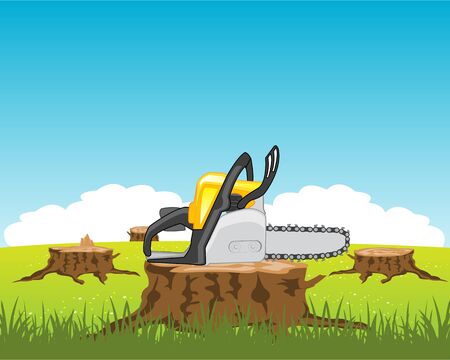 Tools chainsaw on stump tree .illustrationのイラスト素材