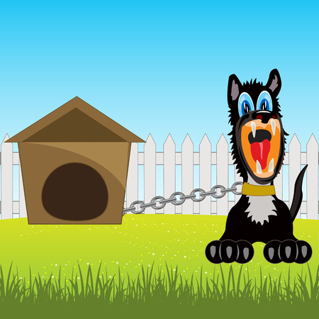 illustration of the cruel dog on chain in courtyardのイラスト素材