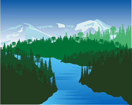 Landscape with river in wood and snow mountainsのイラスト素材