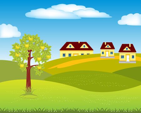 The Small village amongst hills by summer.Vector illustrationのイラスト素材