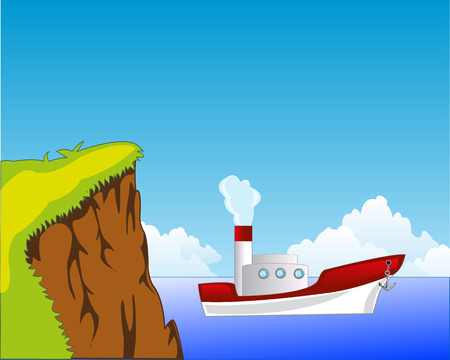 The Steep coast and white steamship seaborne.Vector illustrationのイラスト素材