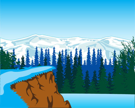 The Beautiful winter landscape with mountain and wood.Vector illustrationのイラスト素材