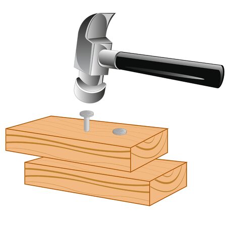 Wooden board with nail and gavel on white background is insulatedのイラスト素材