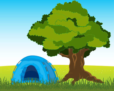 The Blue tourist tent on nature under tree.Vector illustrationのイラスト素材