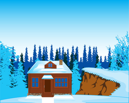 The Small lodge on glade in wood in winter. Vector illustrationのイラスト素材