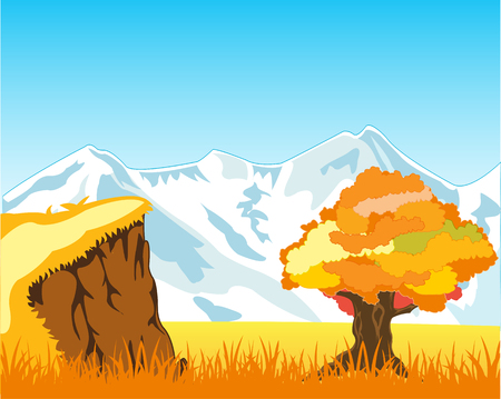 Autumn landscape with mountain and solitary by treeのイラスト素材
