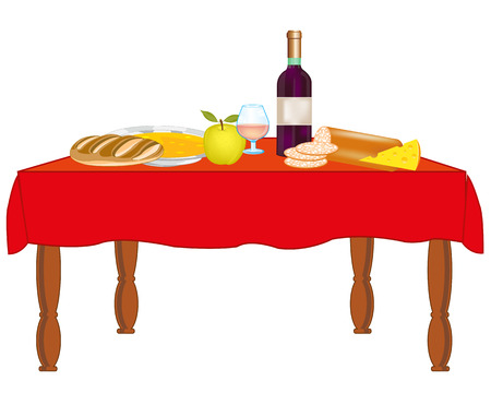 Covered table with meal and drink on white backgroundのイラスト素材