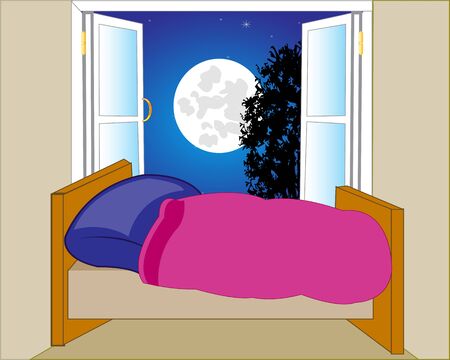 Bed in room and open windowのイラスト素材