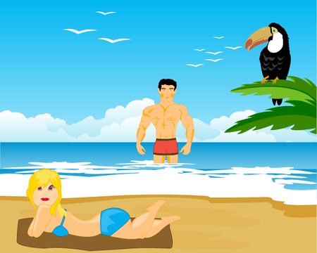 Man and woman repose and bathe on tropical seeshoreのイラスト素材