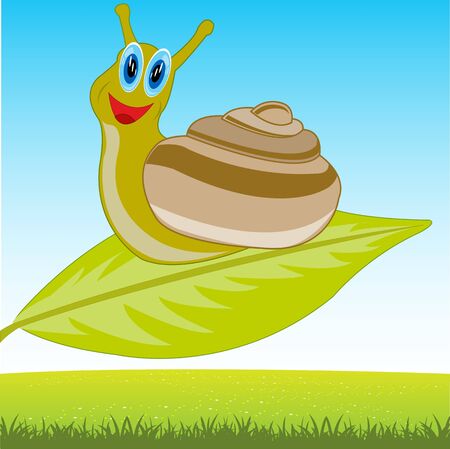 The Cartoon animal snail on sheet tree.Vector illustrationのイラスト素材