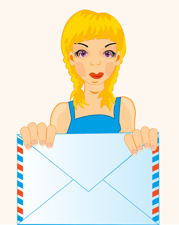 younger girl with envelope in hand on white backgroundのイラスト素材