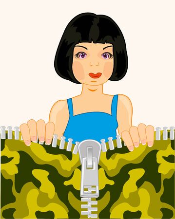 Making look younger girl brunette unbuttons lightning on camouflage fabricsのイラスト素材