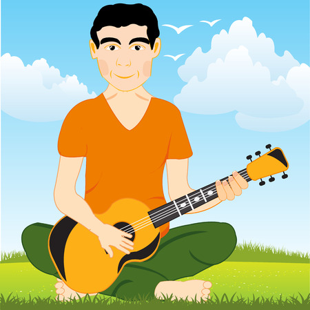 Man on glade plays on guitar icon.のイラスト素材