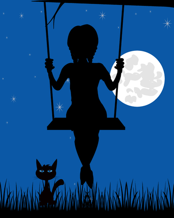 Silhouette of the girl on seesaw in the nightのイラスト素材