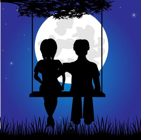 Silhouettes lad and girls on seesaw in the nightのイラスト素材