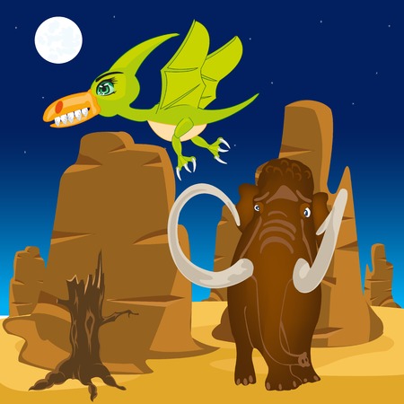 Prehistorical animals dinosaur and pterodactyl on natureのイラスト素材