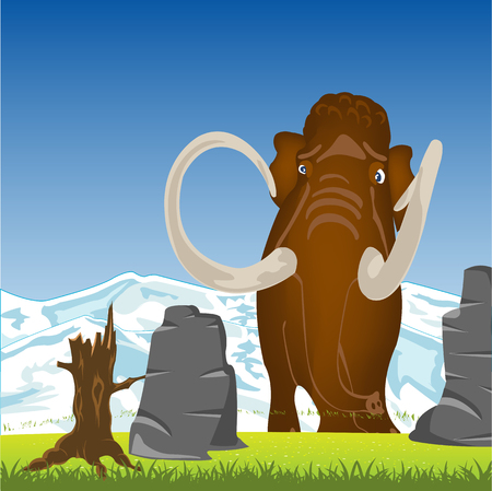 Prehistorical animal mammoth on year glade with flowerのイラスト素材