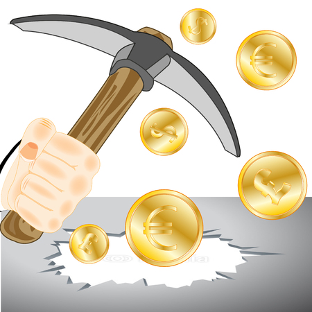 Human hand with tools pickax and coins in holeのイラスト素材