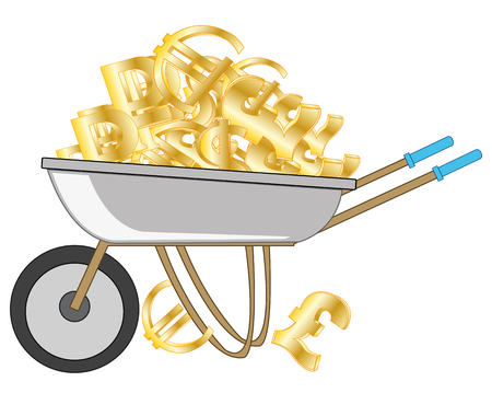 Vector illustration of the pushcart loaded money sign topple different countriesのイラスト素材
