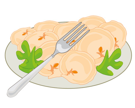 Meat dumplings on plate decorated by verdure and forkのイラスト素材