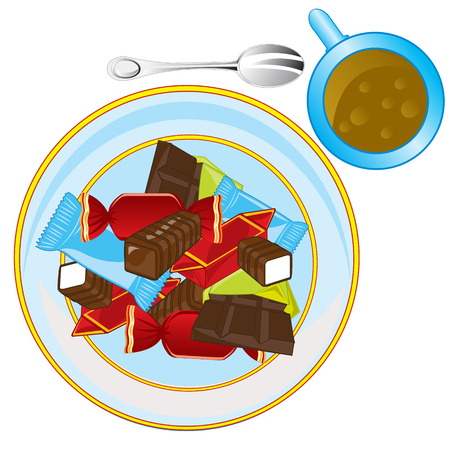 Sweetmeats and chocolate on plate and cup of teaのイラスト素材
